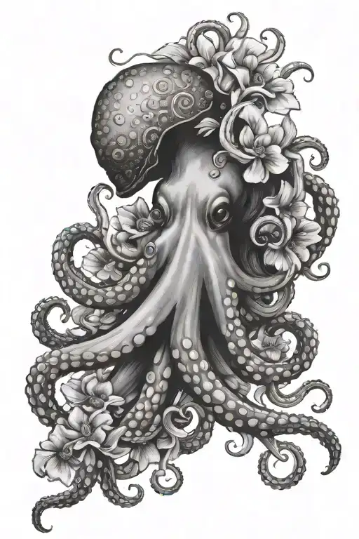 Octopus And Violet Flower Large Black Leaves