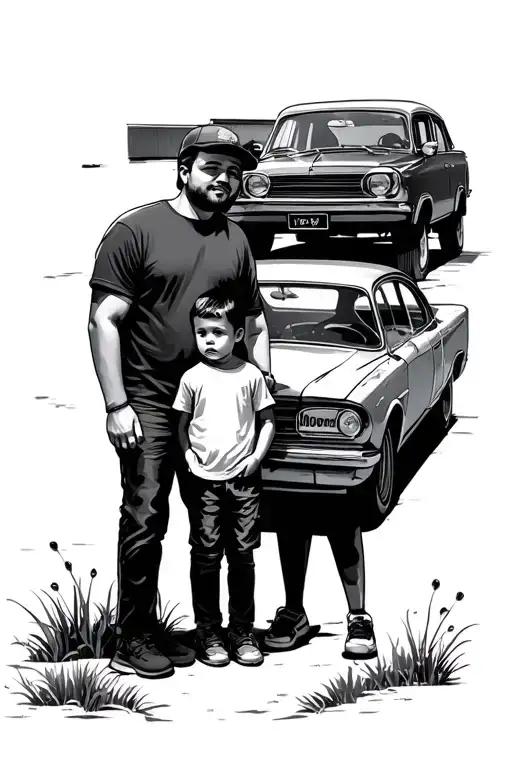 Father Son Standing Next To Car