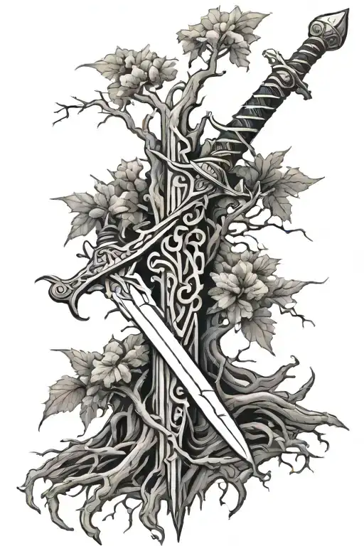 Sword Of Narsil With Tree And Roots Growing Shattered