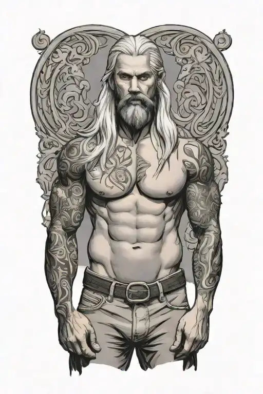 Full Body Super Muscled Man Standing With Long Silver Hair And Beard