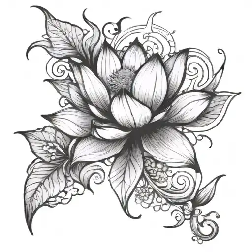 Lotus With Larkspur Flower Vines Drawing