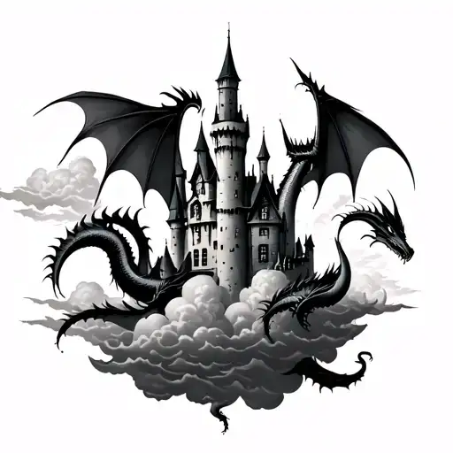 Draggons Surrounded Clouds Castle Gothic Style