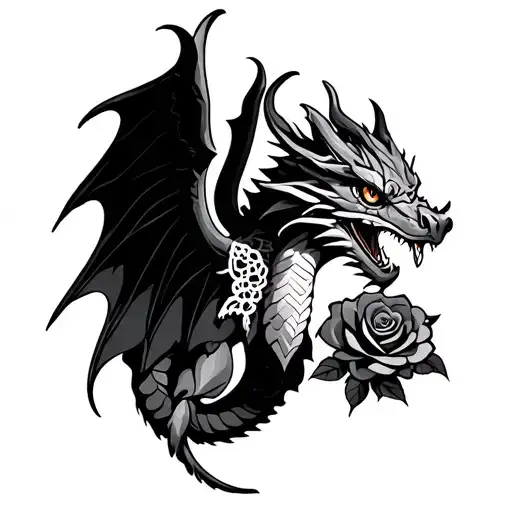 Dragon With Wings And Roses And Lace Patterns