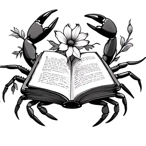 Crab Reading A Book And Larkspur Flower