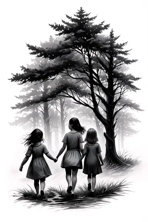 Mother Walking With 11 Year Old Girl And 6 Year Old Girl Away In The Forest