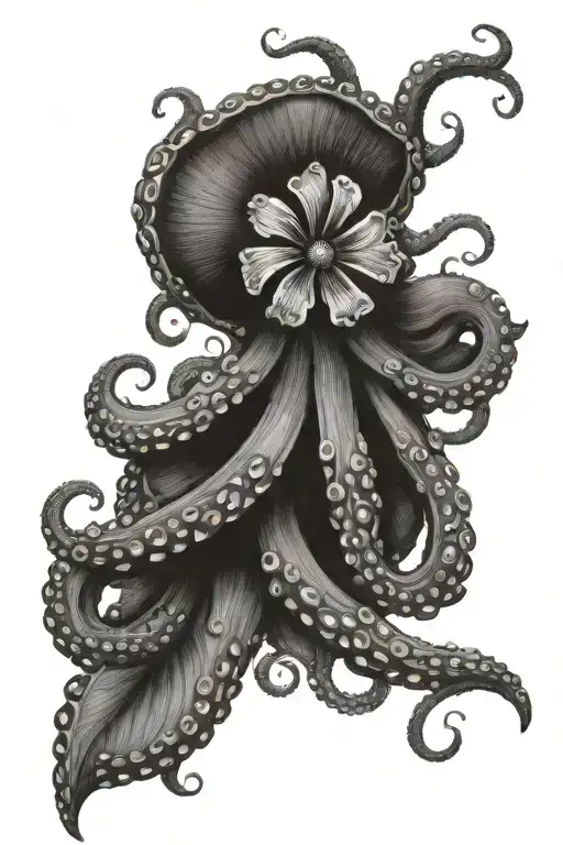 Octopus And Violet Flower Large Black Leaves