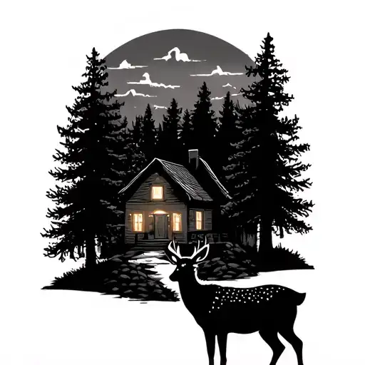 Deer In Forest Near House At Dusk