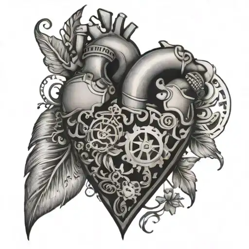 A Black And Grey Tattoo Of A Mechanical Heart Surrounded By Intricate Floral Patterns
