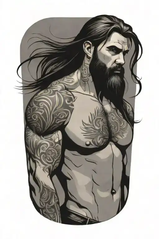 Full Body Super Muscled Man Standing With Long Siler Hair And Beard