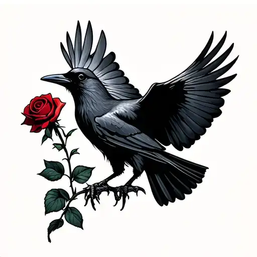 A Crow That Is Flying Holding The Stem Of A Single Red Rose In Its Claws