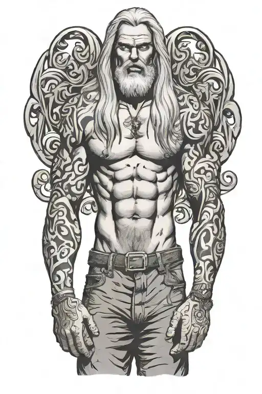 Full Body Super Muscled Man Standing With Long Silver Hair And Beard