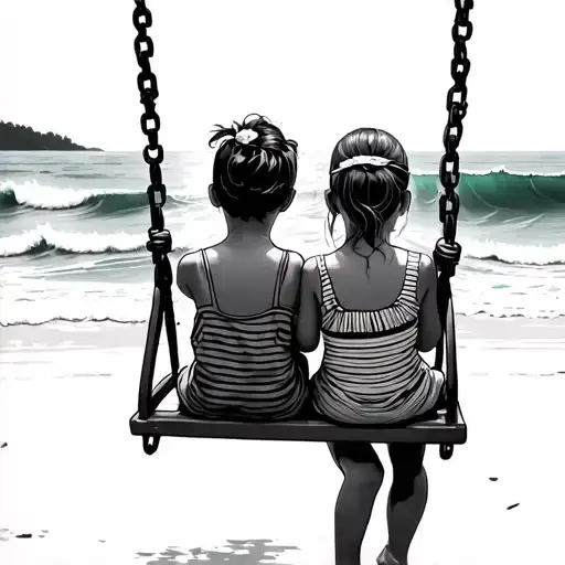 Two Small Girls With Age 5 And 7 Sitting On Swing With View To Ocean Waves