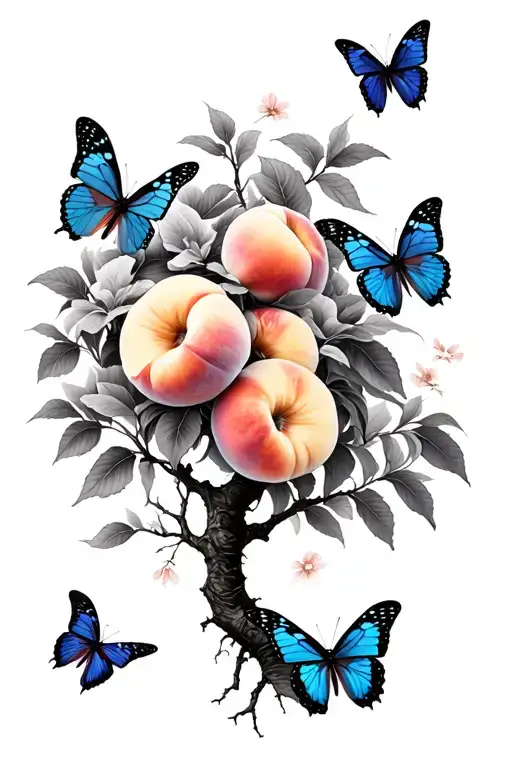 Peach Tree And Butterflies Surrounding