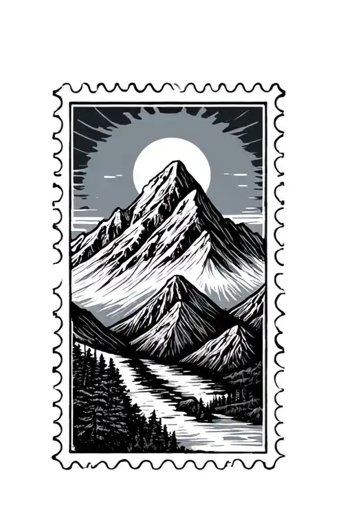 Mountain Postage Stamp With Sun