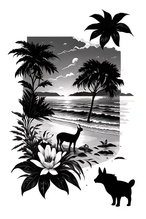 A Serene Beach Scene With A Mix Of Flowers And Animals