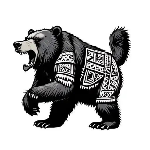 Mexican Aztec With And Vicious Bear Walking