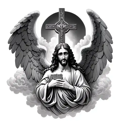 Clouds Surrounding Angel Holding A Cross With Jesus Crown On It