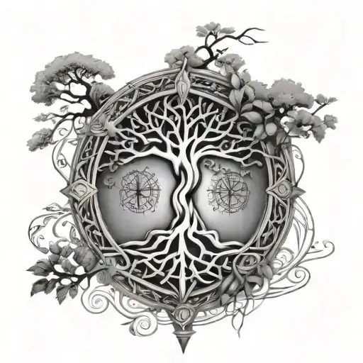 Tree Of Life Intertwined With A Compass And The Viking Symbol For Love