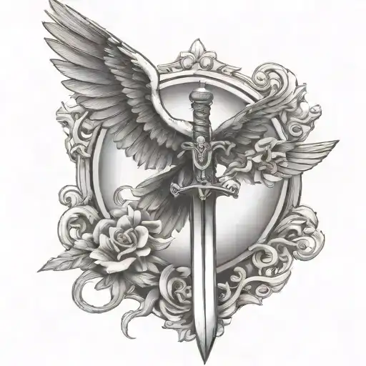 Arched Wings With Sword In The Middle On The Back