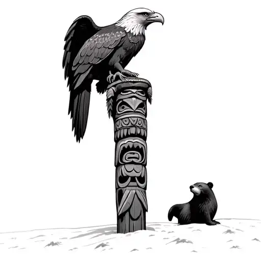 Abenaki Totem Pole With An Eagle Perched On Top And A Bear And An Otter Staring At Each Other