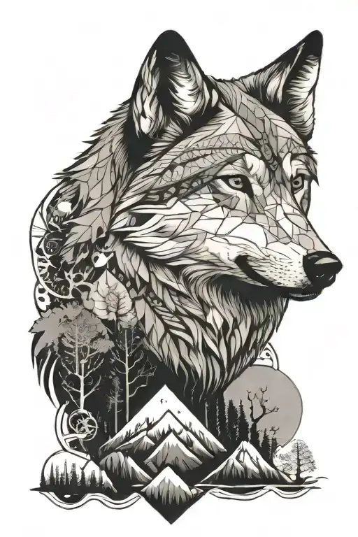 Wolf And Geo Pattern And Nature Scene And Mandonela