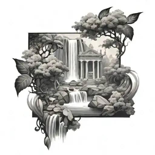 Combine The Beauty Of A Temple Waterfall With A Fashionable Runway Show In A Tattoo Design