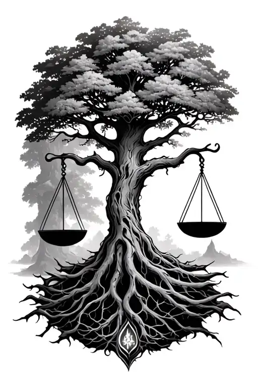 Yggdrasil Tree With A Scale Showing Balance