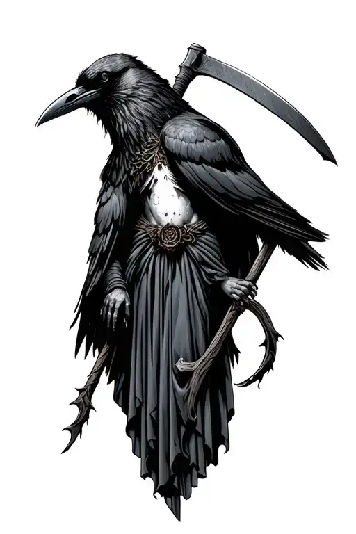 Santa Muerte With Raven Perched On Scythe