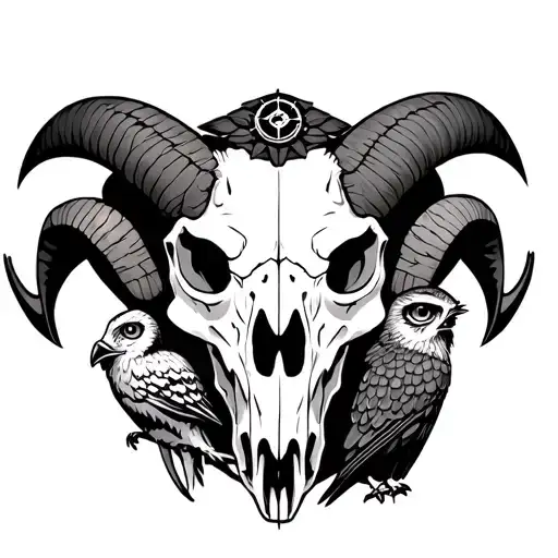 Ram Skull With An Owl And A Compas