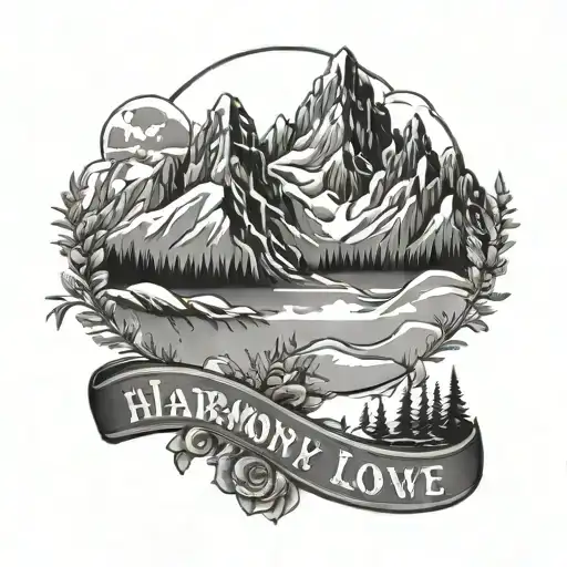 Snowy Mountain Peaks With Words Harmony Love And Memories