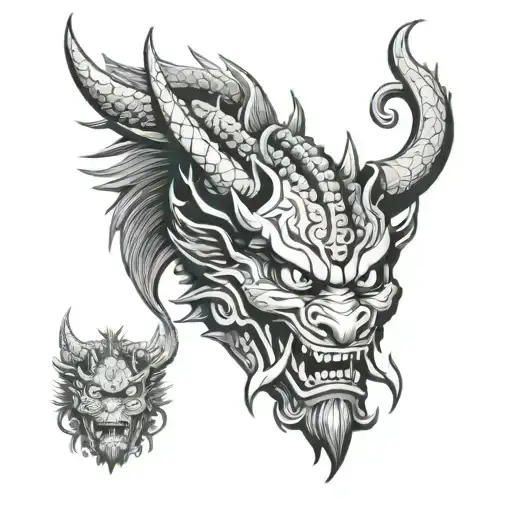 Japanese Dragon And Oni Mask Split In Half