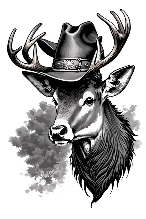 A Tattoo Of A Buck's Head With Arthur Morgan's Gamblers Cowboy Hat On Its Head