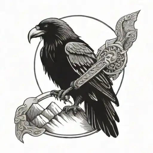 Crow Perched On A Viking Shield With Mountains In The Background