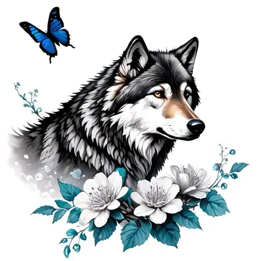 Wolf And Cherry Flowers And A Blue Butterfly Flying