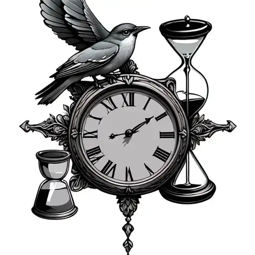 Roman Numeral Clock And Hour Glass Carried By A Bird