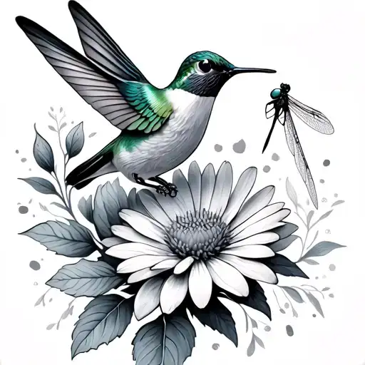 Hummingbird And Dragonfly On Aster Flower