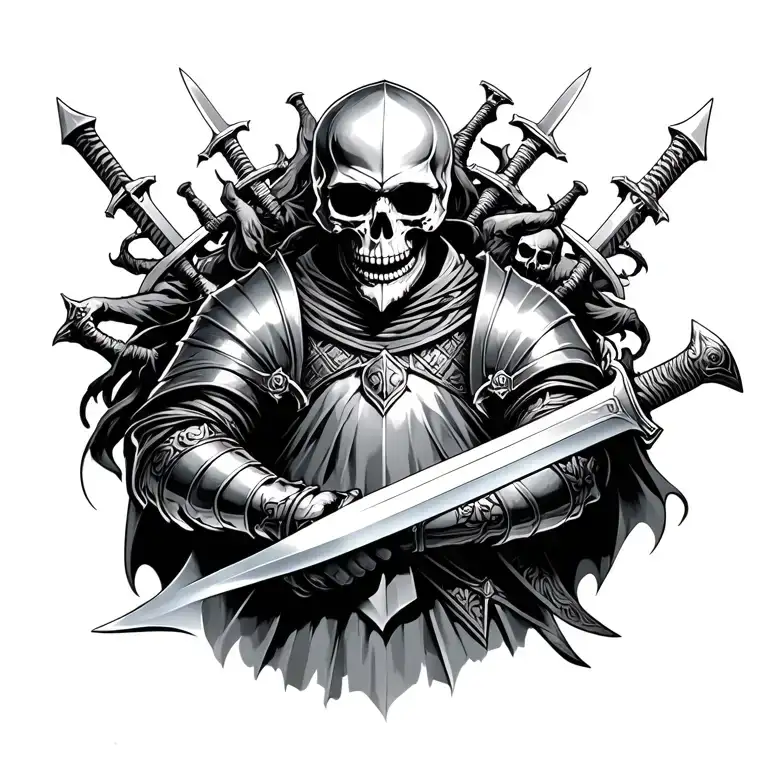 Medieval Skull Knight Holding A Sword Surrounded By Dead Nights And Swords