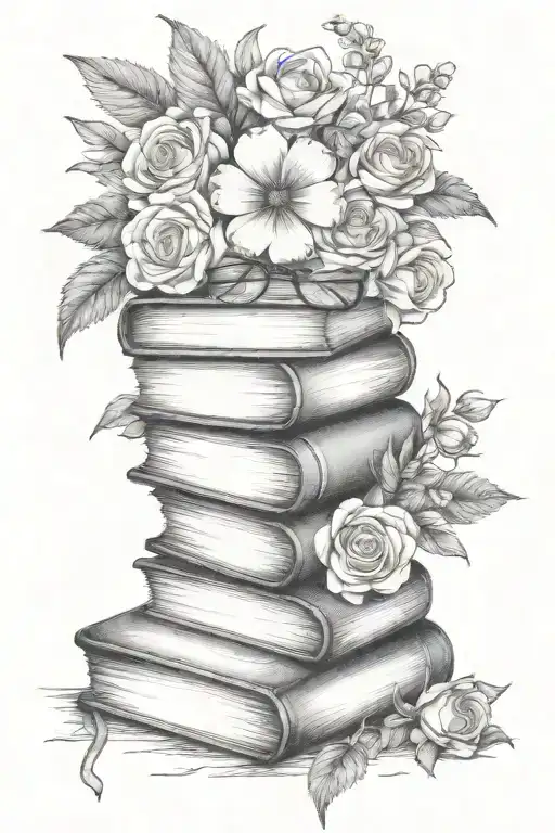 Book Stack With Flowers Surrounding And Black Rimmed Glasses On Top