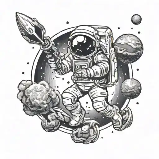 Astrounaut Floating In Space Surrounded By Planets