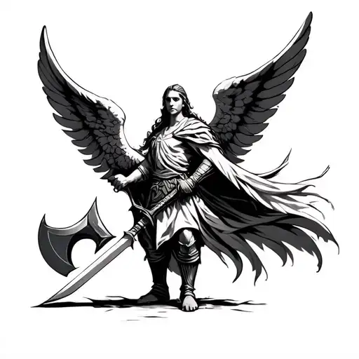 Warrior Angel Holding A Sword In One Hand And A Double Sided Axe In The Other