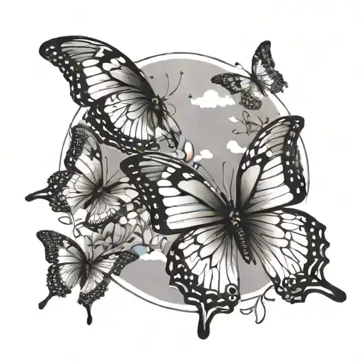 Sunset And Butterflies Flying