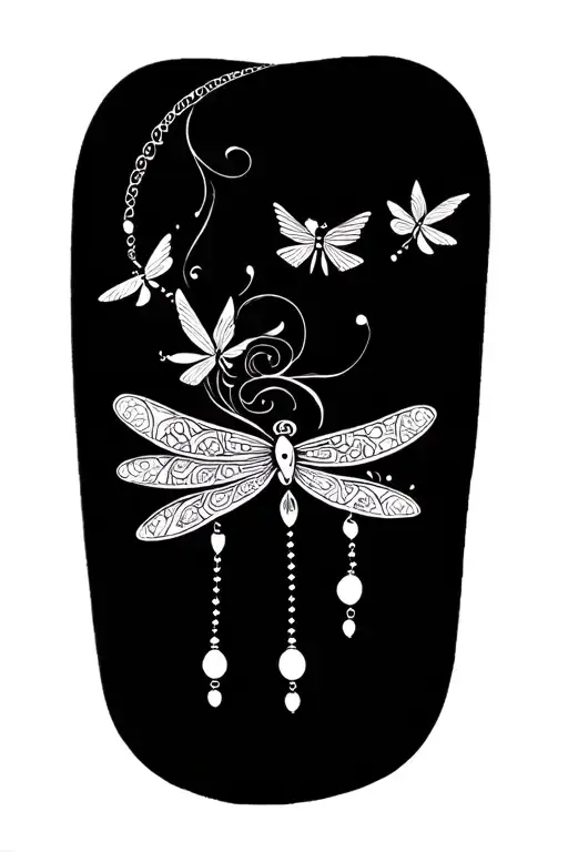 Half Mandala With Dangling Beads And Dragonflies