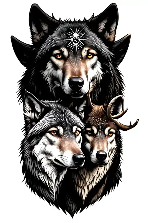 2 Wolves With An Elk And North Star