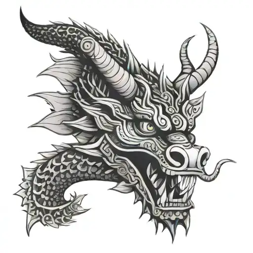 Geometric Chicano Aztec Tribal Dragon Snake Head With Sakura