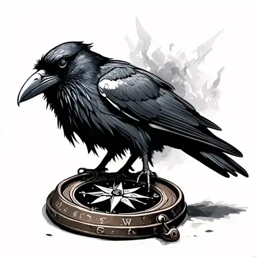 Realistic Raven With Vikings Vibe Sitting On An Old Compass With Runes