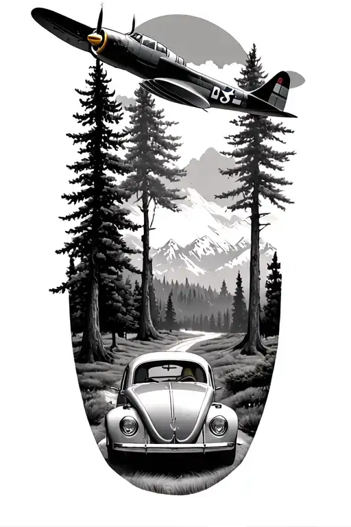 Doug Fir Trees With A P-51 Flying Overhead And A Vw Beetle Parked Near The Base Of The Trees