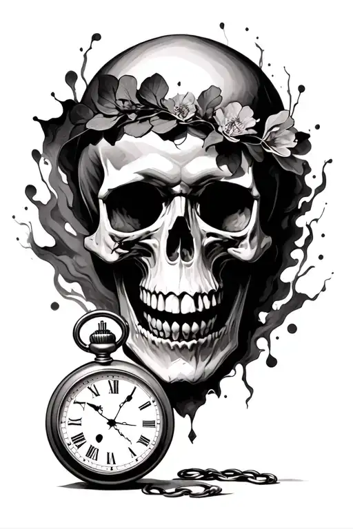 Skull Holding A Pocket Watch Surrounded My Atmospheric Shades Of Grey