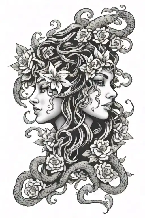 Medusa Head Surrounded By Snakes And Flowers Intertwined