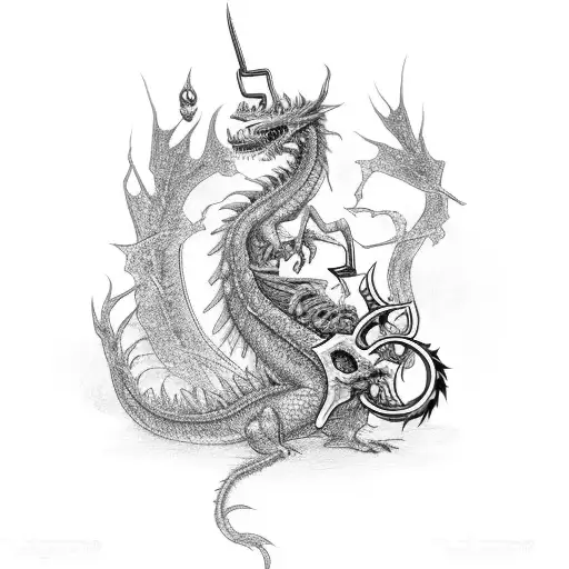 A Black And Grey Dragon Surrounded By Black Flowers And Holding A Key In Its Mouth