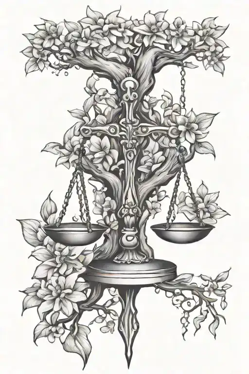 Libra Symbol With Lily Flowers Surrounding Tree Of Knowledge